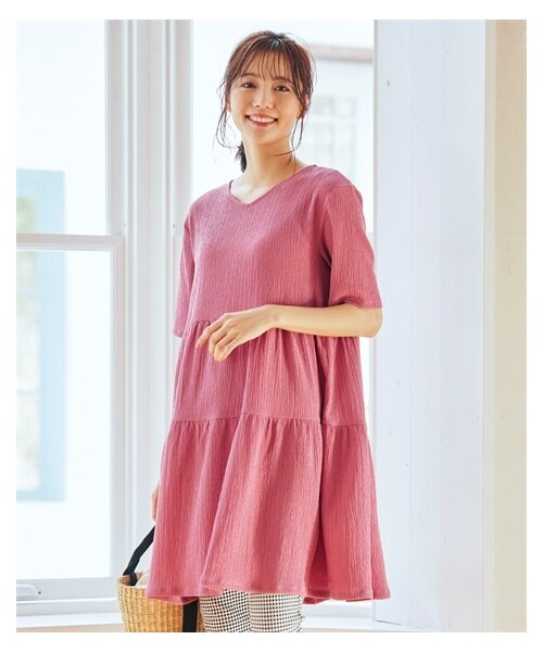 nissen（ニッセン）の「大きいサイズ　涼しいサラサラカットソー楊柳ゆるシルエット５分袖チュニック（チュニック・レディース・インクブルー/黒/モスカーキ/ベージュ/ピーチピンク・L/LL/3L/4L/5L/6L/8L/10L）」の5枚目の写真