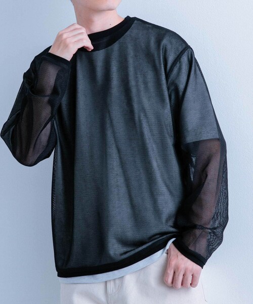 ITEMS URBANRESEARCH（アイテムズ アーバンリサーチ）の「メッシュトップス+Tシャツ レイヤードセット（Tシャツ/カットソー・メンズ・BLK×WHT/OFF×OLV/OFF×杢GRY・M/L）」の9枚目の写真