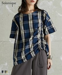 Soiunique | Vネック総柄デザインサイドシャーリングトップス ［Soiunique］(シャツ/ブラウス)