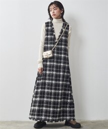 CHIC STYLE | 大きいサイズチェック深Vネックロングジャンパースカートシックスタイル(ジャンパースカート)