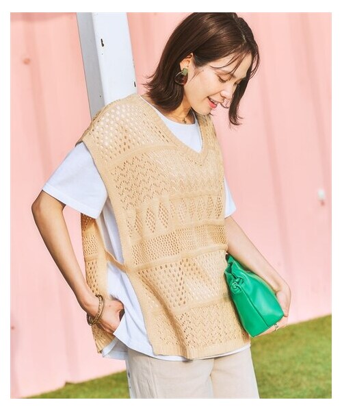 nissen（ニッセン）の「2点セット（透かし編みベスト＋Tシャツ）（ニット/セーター・レディース・黒/アイボリー/サックス/グリーン/パープル・S/M/L/LL/3L/4L/5L/6L）」の16枚目の写真