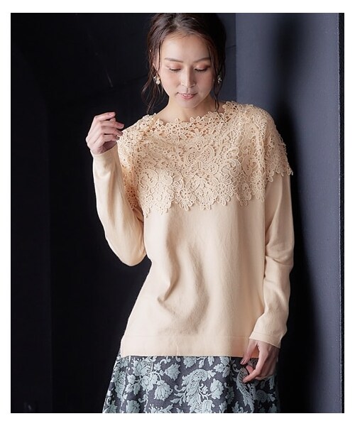 ニット セーター レディース 衿もとアンティーク レース 重ね着風レイヤード Hana服 S/M/L ニッセン nissen 衿もとアンティークレース重ね着風レイヤードニット＜大きい