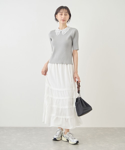 ROPE' PICNIC(ロペピクニック)の「レースカラーハーフスリーブリブニット(ニット/セーター・レディース・ライトグレー/オフホワイト/ネイビー・M/S)」の9枚目の写真
