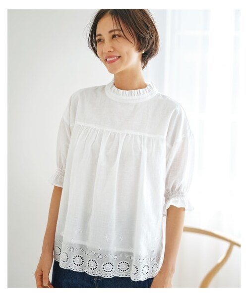 nissen（ニッセン）の「綿１００％スタンドネックスカラップレース刺しゅうブラウス【Otona Purete】（シャツ/ブラウス・レディース・オフホワイト/黒・M/L/LL/3L）」の6枚目の写真