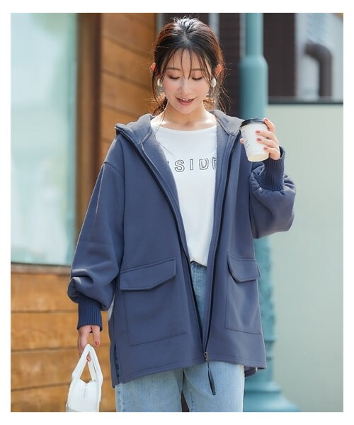 nissen（ニッセン）の「裏起毛リブ切替立衿ジップアップパーカーライトコート＜大きいサイズ有＞（ジャケット/アウター・レディース・オフベージュ/黒/インディゴブルー/モカ/ピンクベージュ/チャコールグレー/ブラウン・S/M/L/LL/3L/4L/5L/6L/8L/10L）」の18枚目の写真