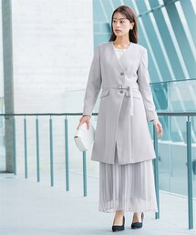 Callarus | 【入学式・卒業式・フォーマル】ノーカラーロング丈コートジャケット+シアープリーツスカートセットアップ｜大きいサイズ有〔Callarus〕(スーツセット)