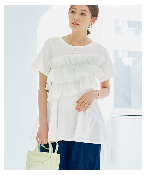 nissen（ニッセン）の「アシンメトリーフリルデザイントップス（Tシャツ/カットソー・レディース・黒/オフホワイト・S/M/L/LL）」の3枚目の写真