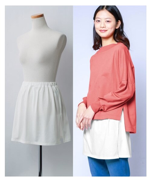 nissen（ニッセン）の「ヒップカバーができる便利なつけ裾（チュニック・レディース・オフホワイト/黒×白(ギンガムチェック)/ブルー(シャツ風)/オフホワイト(レース)/ピンク(チュール)/赤×黒(ストライプ)/ネイビー系ストライプ(シャツ風)/グリーン系チェック(シャツ風)/黒(Tシャツ風)/グレー系チェック柄(アシメシャツ風)/黒(レース)/オフホワイト(シャツ風)/モノトーン系ストライプ(シャツ風)/オフホワイト(プリーツ)・L/LL/3L/4L/5L/6L/8L/10L/S/M）」の4枚目の写真