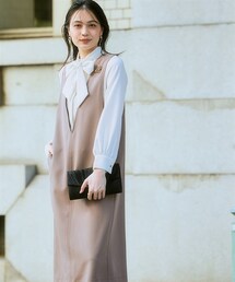 nissen | 【入学式・卒業式・フォーマル】ダブルクロスジャンパースカート+ボウタイリボンブラウスストレッチセットアップ（ブローチ付）<大きいサイズ有>(スーツセット)