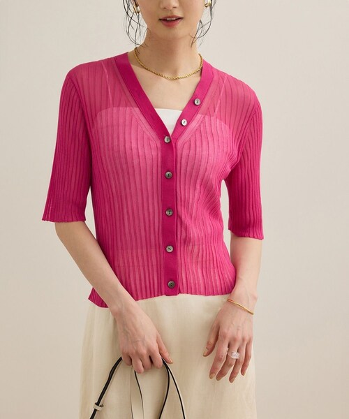 ROPE'（ロペ）の「シアーリブカーディガン/洗える（カーディガン/ボレロ・レディース・ブラック/ホワイト/ピンク・F）」の3枚目の写真