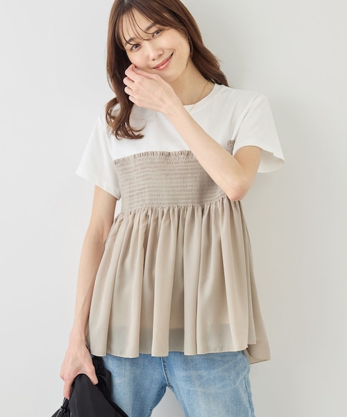 ROPE' PICNIC(ロペピクニック)の「【ベストヒット】シャーリングドッキングハーフスリーブカットソー(Tシャツ/カットソー・レディース・ブラック/ブラック系/ホワイト系/ベージュ・F)」の4枚目の写真