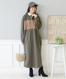nissen | 【産前・産後　授乳服】あったか裏起毛　マキシ丈マタニティ配色ポロワンピース(マタニティウェア/グッズ)