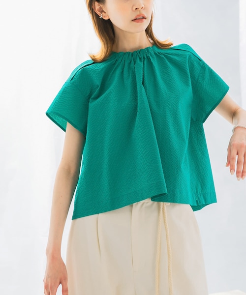 URBAN RESEARCH ROSSO（アーバンリサーチロッソ）の「シアサッカーショートギャザーブラウス（シャツ/ブラウス・レディース・WHITE/GREEN/BLACK・FREE）」の3枚目の写真