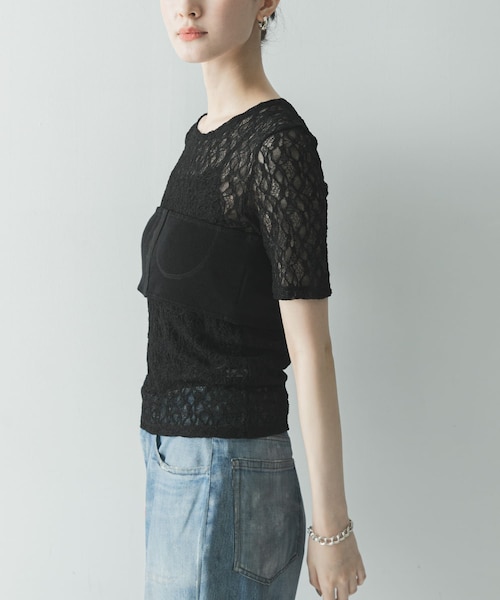 URBAN RESEARCH（アーバンリサーチ）の「ストレッチレースコンパクトTシャツ（Tシャツ/カットソー・レディース・OFF WHITE/BLACK・Free）」の14枚目の写真