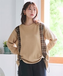 nissen | ＜大きいサイズ＞縦チェック切替シャーリングワッフルトップス(Tシャツ/カットソー)