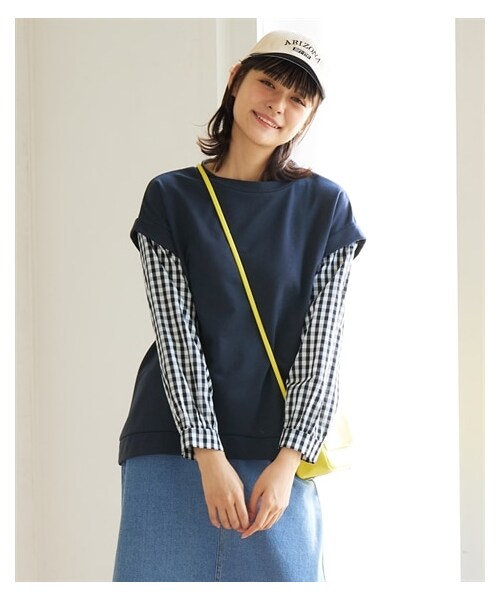 nissen（ニッセン）の「大きいサイズフェイクレイヤードカットソートップス（Tシャツ/カットソー・レディース・杢グレー×ネイビー系ストライプ/パープル×グレー系チェック/カーキ×オフホワイト(無地)/ネイビー×モノトーン系ギンガムチェック/黒×モノトーン系ストライプ/ミントグリーン×ブルー系ストライプ・L~LL相当/3L~4L相当/5L~6L相当/8L相当/10L相当）」の20枚目の写真