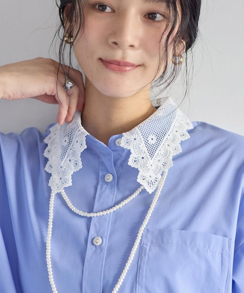 VIS（ビス）の「襟レース付きミニ丈シャツワンピ（シャツワンピース・レディース・ホワイト/サックス・F）」の12枚目の写真