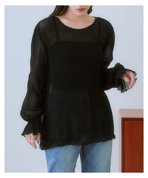 nissen（ニッセン）の「ランダムプリーツキャンディ袖ブラウス（シャツ/ブラウス・レディース・黒/オフホワイト/ダークブルー・S/M/L/LL/3L）」の19枚目の写真