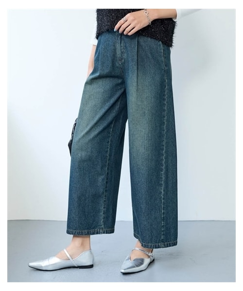 nissen（ニッセン）の「＜大きいサイズ＞綿１００％アンクル丈デニムワイドパンツ（ゆったりヒップ）（スウェットパンツ・レディース・ブリーチ/インディゴブルー/オーバーダイブラウン・LL/3L/4L/5L/6L/8L/10L）」の3枚目の写真