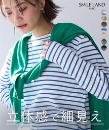 nissen | ＜大きいサイズ＞長袖ボートネックリップルボーダーゆるカットソートップス(Tシャツ/カットソー)