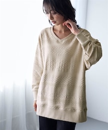nissen | コットンブレンドニットライクジャガードVネックロング丈ゆるトレーナー＜大きいサイズ有＞(チュニック)