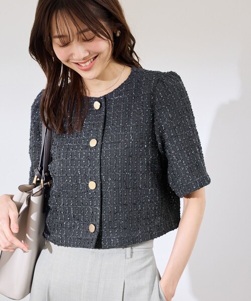 ROPE' PICNIC（ロペピクニック）の「【サマー・ツイード】金ボタンカーディジャケット（ノーカラージャケット・レディース・チャコール/ライトグレー/ホワイト/ネイビー・38）」の8枚目の写真