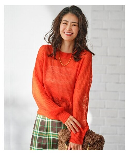 nissen（ニッセン）の「モヘヤタッチシアーニットプルオーバー【OtonaSMILE】（ニット/セーター・レディース・バーミリオンオレンジ/オフホワイト・M/L/LL/3L/4L/5L/6L）」の15枚目の写真