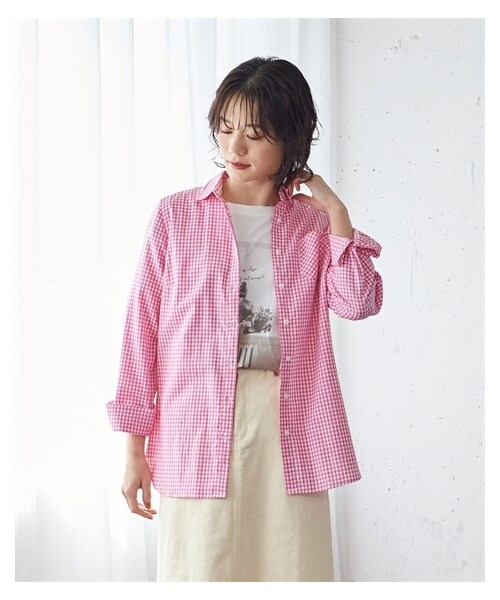 nissen（ニッセン）の「＜大きいサイズ＞綿１００％柔らかオックスフォードシャツ（シャツ/ブラウス・レディース・ラベンダー系チェック/ベージュ系マルチストライプ/黒系チェック/黒×オフホワイトストライプ/ネイビー系ブロックチェック/オフホワイト(ネット限定)/ピンク系ギンガムチェック(24春用)・L/LL/3L/4L/5L/6L/8L/10L）」の8枚目の写真