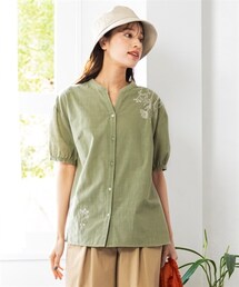 nissen | 大きいサイズ綿１００％５分袖バンドカラー刺しゅうブラウス(シャツ/ブラウス)