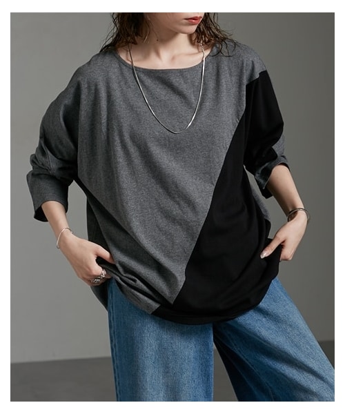 nissen（ニッセン）の「リブ切替ゆったりシルエット長袖Ｔシャツ　［Soiunique］（Tシャツ/カットソー・レディース・杢グレー×ブラック/ブラック×ネイビー・M/L/LL）」の5枚目の写真