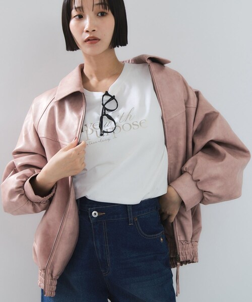 VIS（ビス）の「合皮＆スエードライクジップアップブルゾン（ブルゾン・レディース・ダークブラウン/ダークブラウン系/ピンク系・F）」の12枚目の写真