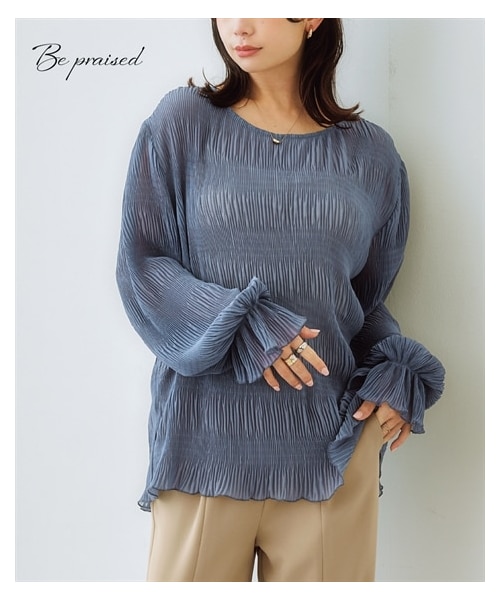 nissen（ニッセン）の「ランダムプリーツキャンディ袖ブラウス（シャツ/ブラウス・レディース・黒/オフホワイト/ダークブルー・S/M/L/LL/3L）」の3枚目の写真