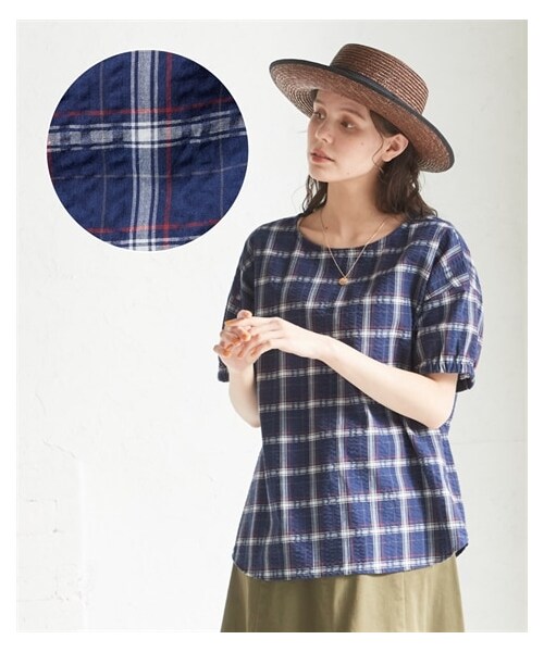 nissen（ニッセン）の「大きいサイズ綿100%涼やかさらさらサッカー生地５分袖Ｔブラウス（シャツ/ブラウス・レディース・マルチカラーギンガムチェック/ラズベリー系チェック/ネイビー系チェック/サンドベージュ系チェック・L/LL/3L/4L/5L/6L/8L/10L）」の19枚目の写真