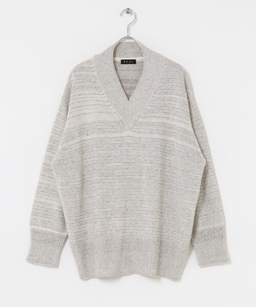 EKAL（エカル）の「Vネックバルキーボーダーニット（ニット/セーター・レディース・オフ/グレー/ブラック・One）」の12枚目の写真