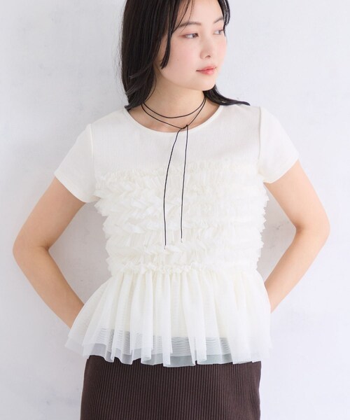 VIS（ビス）の「【夏トク価格】チュールフリルドッキングフレンチスリーブ/UVケア（Tシャツ/カットソー・レディース・チャコール/オフホワイト/ブラウン系・F）」の11枚目の写真