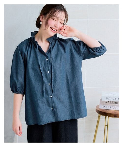 nissen（ニッセン）の「＜大きいサイズ＞半袖フリルデニムブラウス（シャツ/ブラウス・レディース・ライトブルー/インディゴブルー・L/LL/3L/4L/5L/6L/8L/10L）」の10枚目の写真