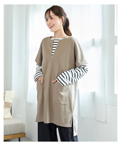 nissen（ニッセン）の「大きいサイズ 柔らかハニカムカットソーゆるロング丈ベスト（チュニック・レディース・ベージュ/黒/スモーキーブルー・L/LL/3L/4L/5L/6L/8L/10L）」の14枚目の写真