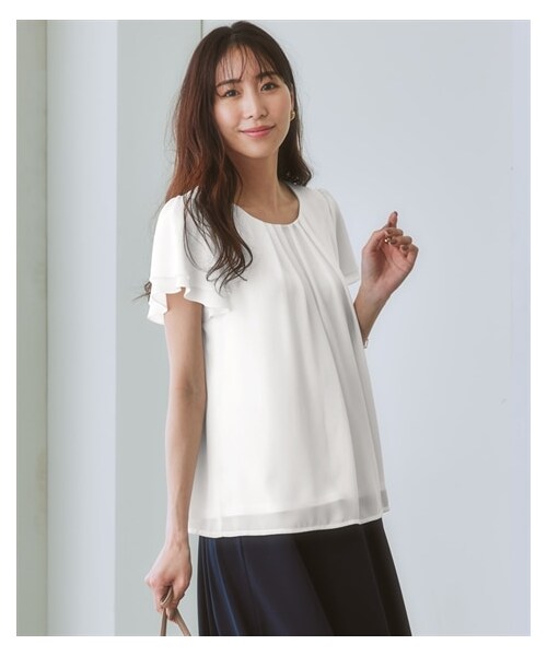 nissen（ニッセン）の「【カットソー裏地付】ジョーゼットフレアブラウス<大きいサイズ有>（シャツ/ブラウス・レディース・ネイビー/オフホワイト/サックス/ピンク/スモーキーグリーン/パープル/ボルドー/グレージュ/drop!●ラベンダー/ブルーグリーン/マスタード/drop!●モカ/キャラメル/グリーン/アプリコットオレンジ/スモーキーミント/アプリコット/ペールブルー/黒/ライラック/オフホワイト×黒ドット/オフホワイト×グレーストライプ/オフホワイト×黒ストライプ/ダスティピンク/ベージュチェック/ギンガムチェック・S/M/L/LL/3L/4L/5L/6L/8L/10L）」の10枚目の写真