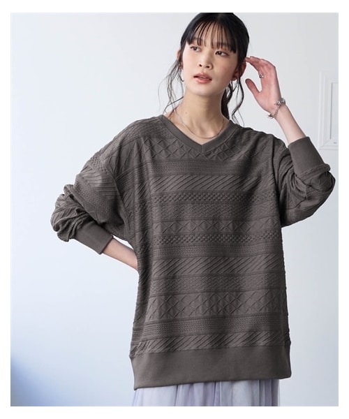 nissen（ニッセン）の「コットンブレンドニットライクジャガードVネックロング丈ゆるトレーナー＜大きいサイズ有＞（チュニック・レディース・グレーベージュ/カーキ/チャコールグレー・S/M/L/LL/3L/4L/5L/6L/8L/10L）」の11枚目の写真