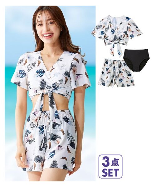 nissen（ニッセン）の「半袖カシュクールビキニ水着3点セット（水着・メンズ・ネイビー/アイボリー・S/M/L/LL/3L/4L/5L/6L/8L/10L）」の2枚目の写真