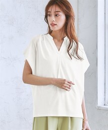 7days Life Styling | 【ひんやり接触冷感】シルケット加工フレンチスリーブキーネックカットソートップス（脇シェード付）(Tシャツ/カットソー)