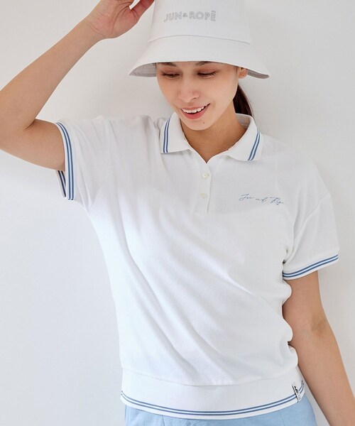 ROPE'（ロペ）の「パイルリブ使い半袖スキッパーポロ（ポロシャツ・レディース・ホワイト/ネイビー/ラベンダー・L/M/S）」の12枚目の写真