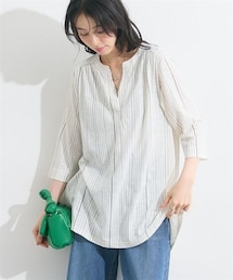 カットソースラブストライプ柄スキッパーチュニック＜大きいサイズ有＞