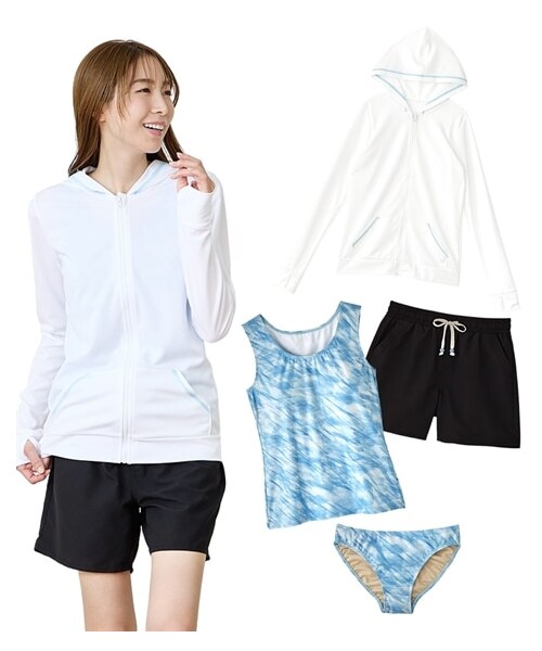 nissen（ニッセン）の「【4点セット】ラッシュガード（指穴付き）・パンツ付きカラータンキニ水着（MU138-B）（水着・メンズ・ホワイト/ブラック・S/M/L/LL/3L/4L/5L/6L/8L/10L）」の5枚目の写真