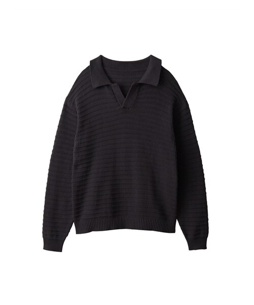 nissen（ニッセン）の「オーバーサイズスキッパーニットポロシャツ（ポロシャツ・メンズ・オフホワイト/チャコール/DR)ブルー・M/L/LL/3L/4L/5L）」の6枚目の写真