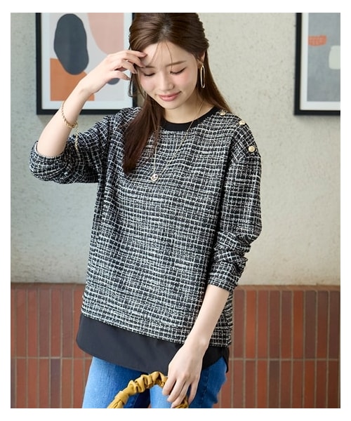 nissen（ニッセン）の「＜大きいサイズ＞カットソーツイード裾重ね着風トップス（Tシャツ/カットソー・レディース・黒系/ベージュ系・L/LL/3L/4L/5L/6L/8L/10L）」の4枚目の写真