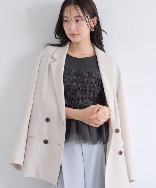 VIS（ビス）の「【夏トク価格】チュールフリルドッキングフレンチスリーブ/UVケア（Tシャツ/カットソー・レディース・チャコール/オフホワイト/ブラウン系・F）」の9枚目の写真