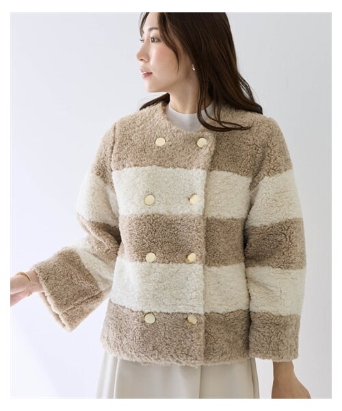 nissen（ニッセン）の「プードルボア配色ジャケット【OtonaSMILE】（ジャケット/アウター・レディース・黒×オフホワイト/グレージュ×アイボリー・M/L/LL/3L）」の6枚目の写真