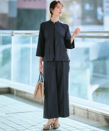 7days Life Styling | 【レディーススーツ】風を通して陽をよける、すだれのような夏機能素材<爽多>Aラインジャケット3点セットスーツ(ジャケット+半袖ブラウス+ワイドパンツ)<大きいサイズ有>(スーツセット)