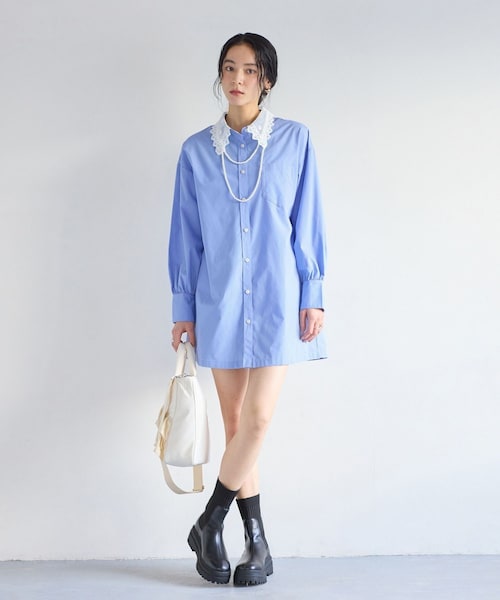 VIS（ビス）の「襟レース付きミニ丈シャツワンピ（シャツワンピース・レディース・ホワイト/サックス・F）」の9枚目の写真